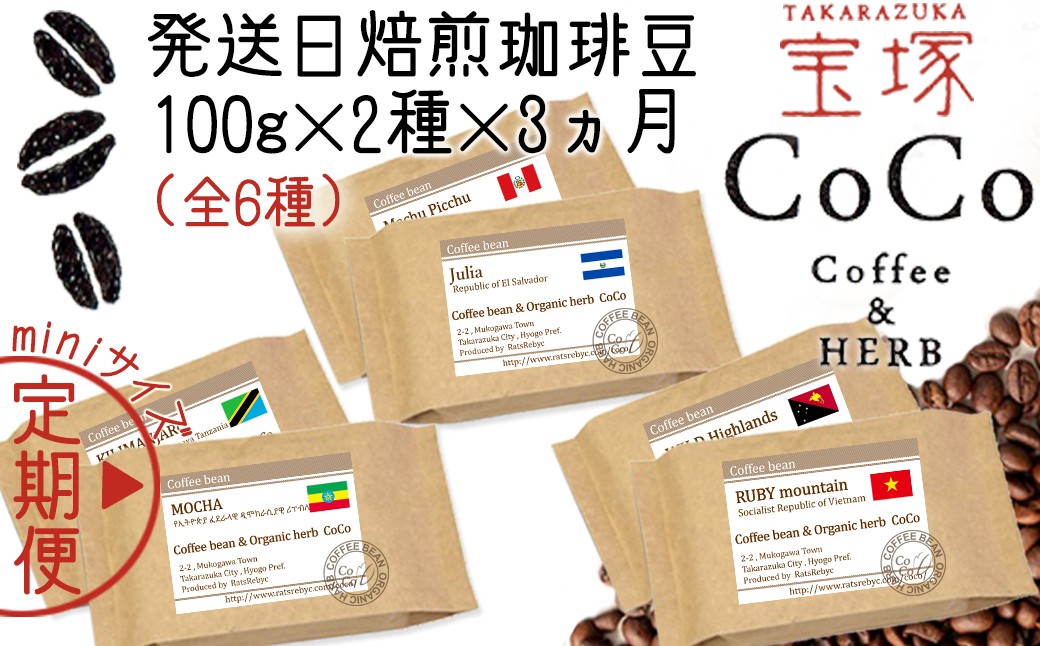 
            【宝塚】miniｻｲｽﾞ3ヶ月定期便C（当日自家焙煎珈琲6種 計600g）
          