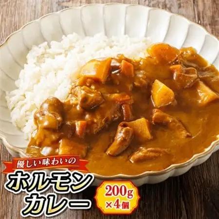 【毎月定期便】優しい味わいのホルモンカレー 200g×4個 レトルトカレー 常温 保存食　全4回_ホルモン 野菜 昆布 だし ダシ レトルト カレー レトルトカレー おもいやり 一人暮らし セット おかず レンジ レンジ調理 レンジでチンするだけ 食品 常温 備蓄 常備 保存食 避難食 防災食 森谷食品 ご当地グルメ 北海道 釧路町 釧路超 特産品 _【4009875】