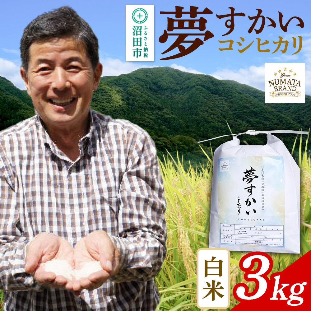 【ふるさと納税】《令和8年産 新米予約》 沼田市産コシヒカリ（夢すかい）白米 3kg [こしひかり コシヒカリ ゆめすかい ユメスカイ 夢すかい 白米 精米 お米 1回だけ 1回のみ 先行予約 新米 10月中旬以降発送]
