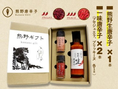 【テレビで紹介されました】 熊野唐辛子ギフト③（一味唐辛子（プサジュエラ）１本+一味唐辛子（プリッキーヌ）１本＋生唐辛子)【kmng0018】