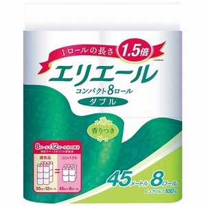0016-10-10 エリエール トイレットティシュー コンパクトダブル 8ロール×8パック 64ロール　1.5倍巻 45m トイレットペーパー ダブル パルプ100％ 香りつき 日用品 消耗品 備蓄