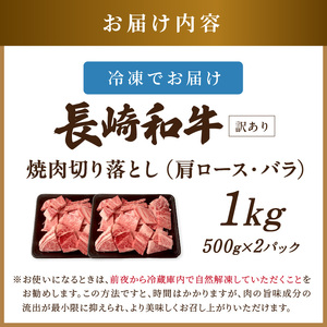 訳あり！【A4～A5】長崎和牛焼肉切り落とし(肩ロース・バラ)1kg(500g×2P)【B8-017】牛肉 おすすめ 長崎和牛 バーベキュー 焼肉 切り落とし 冷凍 国産 送料無料