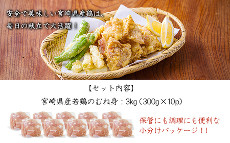 宮崎県産若鶏むね切り身3.0kg（300g×10P）］TF0833-P00063