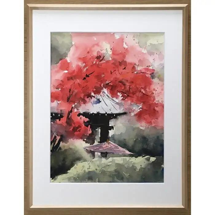 【紅（海蔵寺）】鎌倉の風景水彩画　[A3サイズ複製・額付]