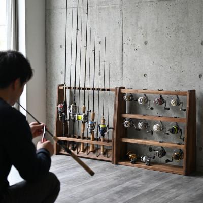 ふるさと納税 横手市 ロッドスタンド両面19本掛け+リールスタンド両面Lサイズ /本体:ブラウン　フェルト:ブラック |  | 01