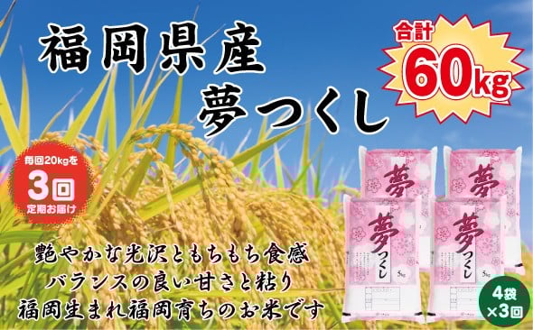 
            【定期便全3回】【令和7年産新米予約】【食味鑑定士厳選】福岡県産 夢つくし20kg (5kg×4袋) 合計 60kg
          