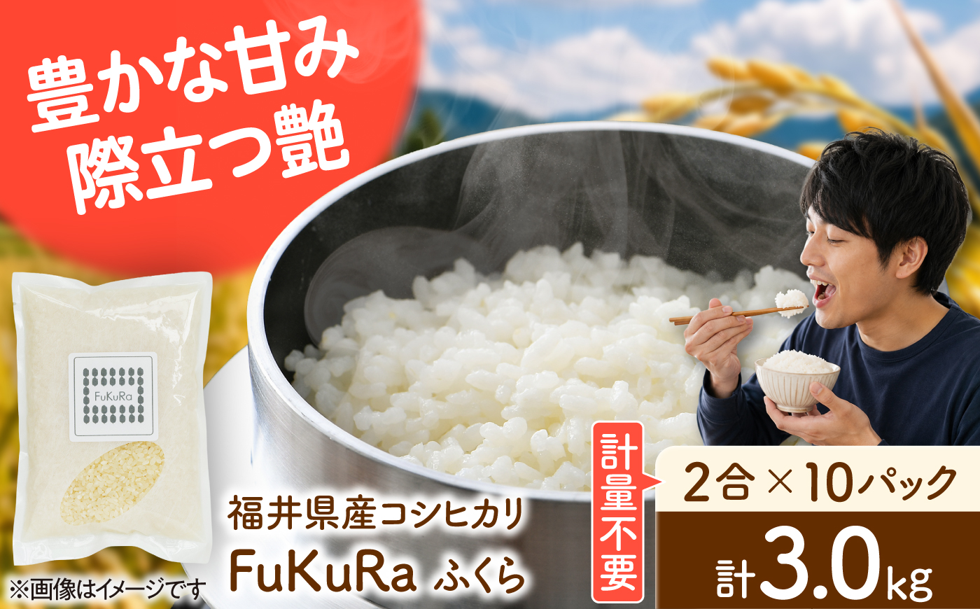 福井県産 こしひかり 『FukuRa』（ふっくら） 2合パック×10パック （300g×10袋） 合計3.0kg [BFAV018]
