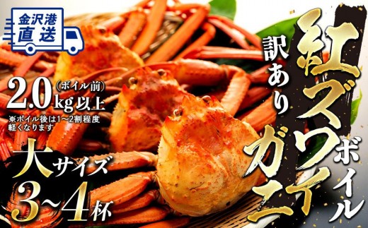 2027年3月発送【訳あり】金沢港より直送！ボイル紅ズワイガニ 大サイズ3～4杯セット 金沢市  北陸沖水揚げ 日本海 訳あり 冷蔵便 朝茹で ボイル済み 鮮度抜群 食べやすい カニ身 かにしゃぶ かに鍋 海鮮 魚介類 高級食材 冬の味覚 グルメ ギフト 贈答用 人気 おすすめ お取り寄せ 通販 送料無料 ふるさと納税