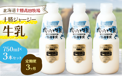 【毎月定期便】【十勝高田牧場】十勝搾りたてジャージー牛乳 750ml×3本セット全3回【配送不可地域：離島】【4085621】