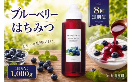 【 8回定期便 】＜ ブルーベリー ＞ 果汁入りはちみつ 1000g はちみつ ハチミツ 蜂蜜 ハニー 蜜 果汁 杉養蜂園 定期便