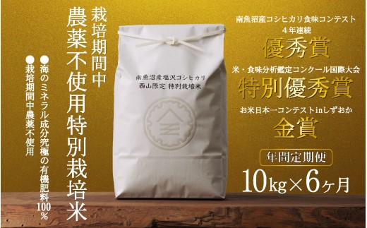 【定期便隔月お届け令和8年産新米予約】南魚沼食味コンクール4年連続優秀賞　栽培期間中農薬不使用特別栽培米10kg×6回　南魚沼塩沢産コシヒカリ【2026年10月中旬から1ヶ月以内に順次発送予定】