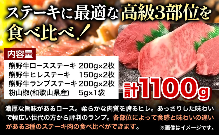 熊野牛 ステーキバラエティセット(粉山椒付き) 澤株式会社(Meat Factory)　合計 約1100g 約1.1kg《30日以内に出荷予定(土日祝除く)》 和歌山県 日高町 熊野牛 牛 うし 牛肉