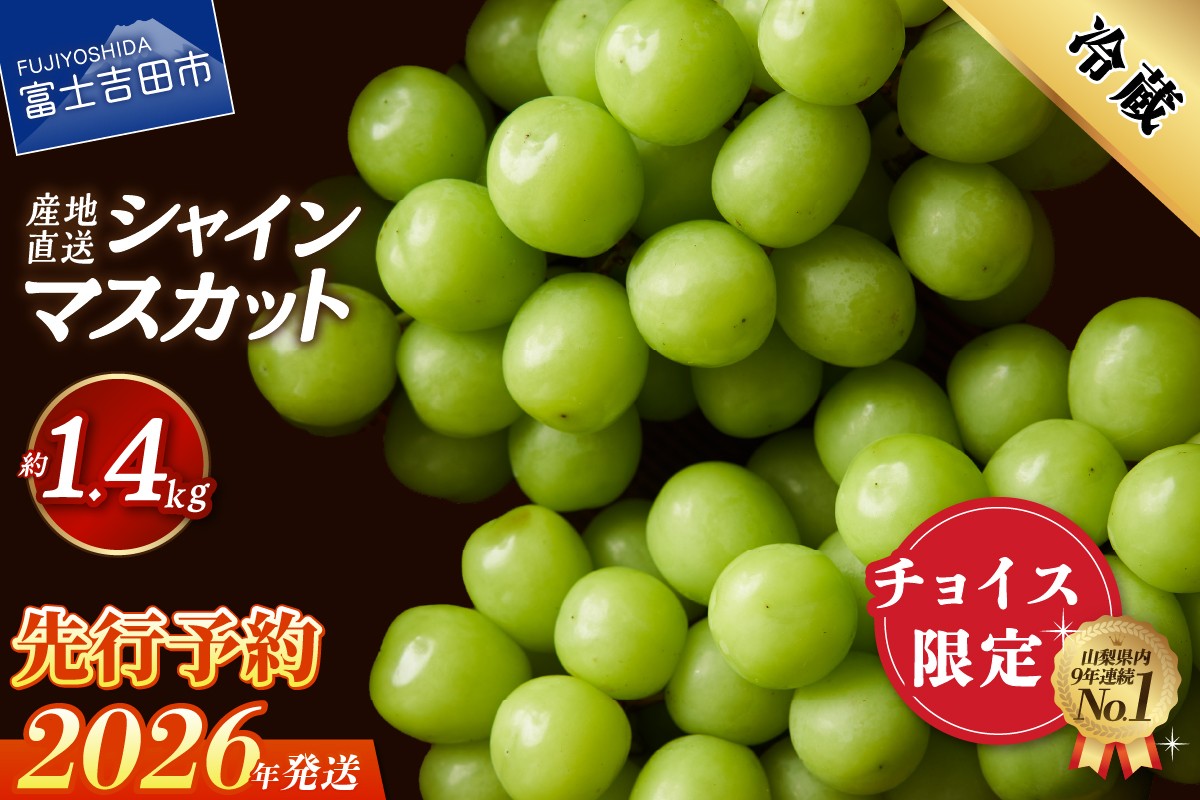 
            【 チョイス限定 】 【2026年先行予約】高級 山梨県産 シャインマスカット 2～3房 （約1.4kg）　果物 旬 フルーツ 高級 2026年発送 シャイン ぶどう 山梨 富士吉田市
          