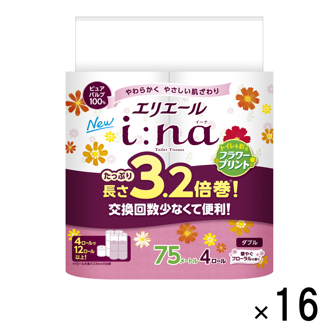 0026-10-01　エリエール i：na（イーナ）トイレットティシュー 3.2倍巻 フラワープリント 4ロール （ ダブル ）× 16パック （ 64個 ） トイレットペーパー 3.2倍 パルプ10