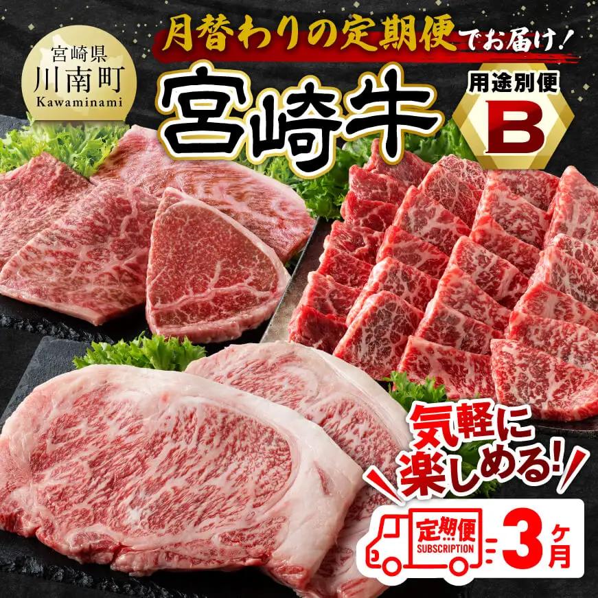 【3ヶ月定期便】 宮崎牛 用途別便B 【 肉 牛肉 国産 宮崎県産 黒毛和牛 和牛 焼肉 BBQ ステーキ 4等級 A4ランク ロース ウデ モモ お祝い 差入 キャンプ ご褒美 牛肉 送料無料】
