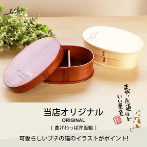 みよし漆器本舗 曲げわっぱ お弁当箱 600ml 約17.5×11.5×高さ6.5cm 小判型 弁当箱 一段 まげネコ先生 猫 白木