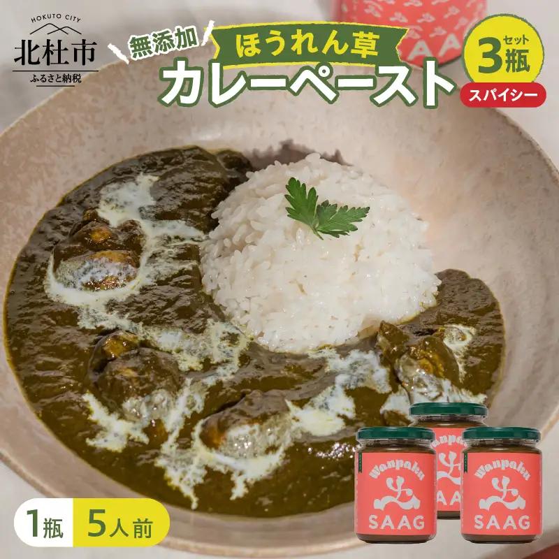 スパイシーほうれん草カレーペースト 3瓶セット　カレーペースト 1瓶230g 5人前 スパイシー 3個 ほうれん草 カレー ペースト 無添加 こだわり 簡単 本格スパイスカレー 瓶詰 持ち運び アウトドア 仕送りギフト 山梨県 北杜市 [h259]