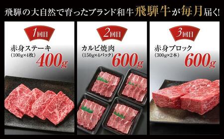 【定期便】飛騨牛（全３回）（ステーキ /焼肉 / ブロック[塊] ) 計1.6kg 全3回  | 焼肉 ステーキ カルビ  牛 定期 【飛騨高山ミート MZ101】