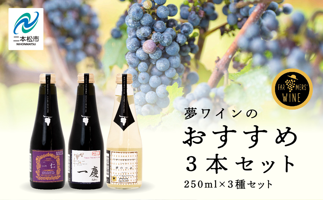 
            ＼年内発送可能！／夢ワインのおすすめ3本セット 250ml×3本 ワイン 飲みやすい 赤ワイン お酒 飲み比べ ご当地 ワイナリー グルメ プレゼント 人気 ランキング おすすめ お中元 お歳暮 ギフト 二本松市 ふくしま 福島県 送料無料【ふくしま農家の夢ワイン株式会社】
          