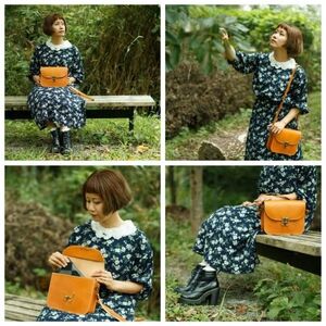 蝶モチーフのアンティークなヌメ革ショルダーバッグ ≪レッド≫【hrn02】