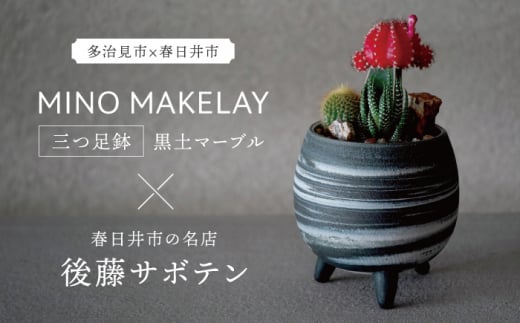 
多治見市×春日井市コラボ 【美濃焼】 MINO MAKELAY 三つ足鉢 黒土マーブル × 【日本有数のサボテンの生産地】春日井市の名店 後藤サボテン 【井澤コーポレーション】 [TBP162]
