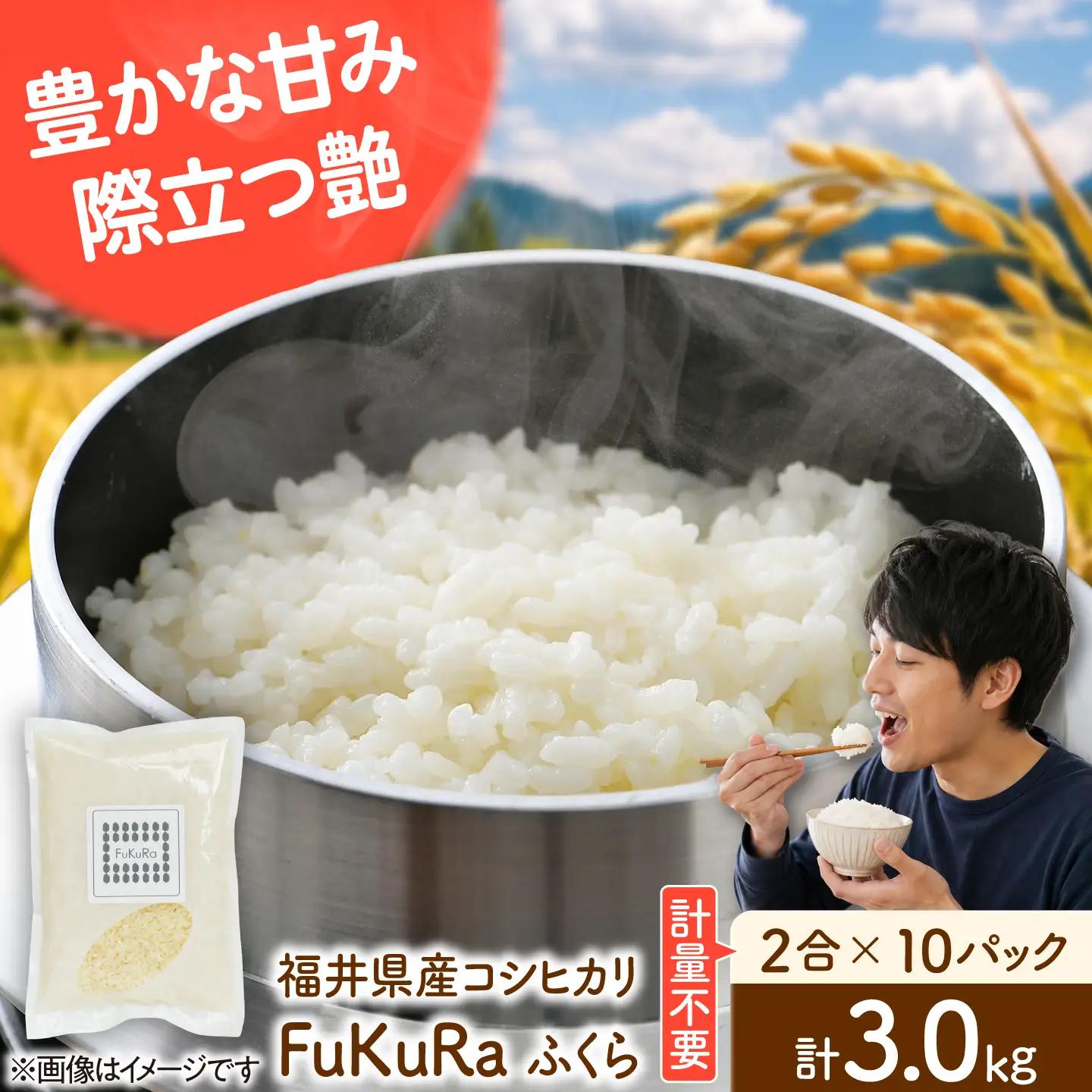 福井県産 こしひかり 『FukuRa』（ふっくら） 2合パック×10パック （300g×10袋） 合計3.0kg[BFAV018]