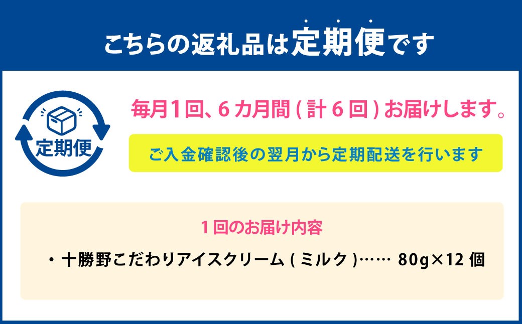 【6ヶ月定期便】 十勝野こだわりアイスクリーム（ミルク） 80g×12個 セット