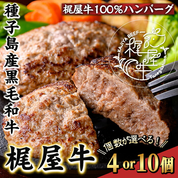 【ふるさと納税】＜個数が選べる！＞種子島産黒毛和牛！梶屋牛冷凍生ハンバーグ(4 or 10個) 黒毛和牛 牛肉 国産 九州産 鹿児島県産 肉 ビーフ ハンバーグ 冷凍 小分け 簡単調理 天然飼料 サステナブル 和牛 お祝い 【株式会社Calfields】