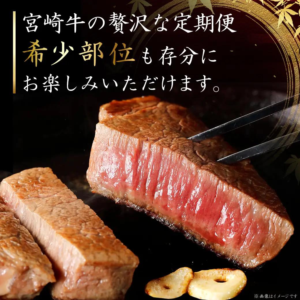 2種の部位を楽しめる♪月替わり宮崎牛ステーキ定期便(3ヶ月) 〔T66-3-6501〕_(都城市) 宮崎牛 ロース ヒレ モモ ミスジ ステーキ