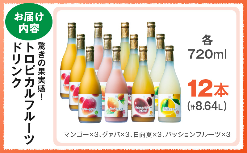 驚きの果実感！トロピカルフルーツドリンク12本セット（マンゴー・グァバ・パッションフルーツ・日向夏）各720ml×3本【宮崎果汁株式会社】_K021-003