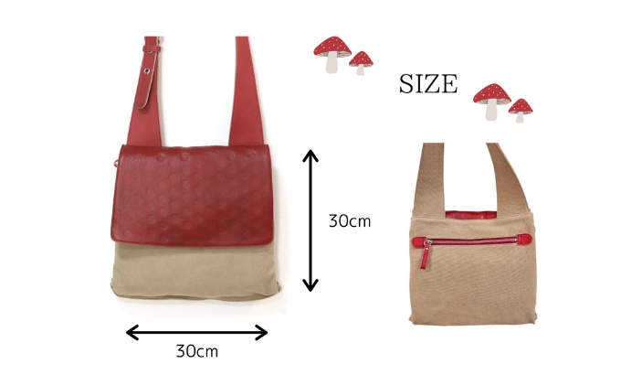 ショルダーバッグ どくきのこ きのこ キノコ 日本製 レザー 帆布 牛革 本革 ドット柄 型押し 中袋 2つ 斜めがけ 肩掛け ショルダー かばん 鞄 バッグ かわいい 108cm～125cm 縦32cm 横33cm マチ最大15cm 500g dragon factory 香川県 東かがわ市 グリーン/イエロー