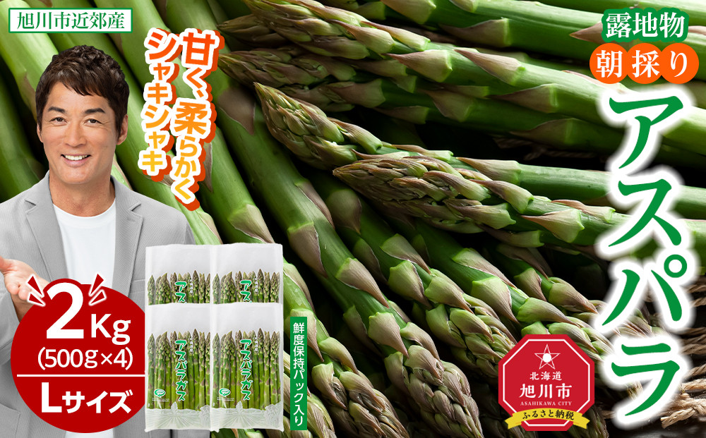 【2026年先行予約】朝採りアスパラ Lサイズ 2kg（500g×4）鮮度保持パック入り 旭川近郊産 露地物(5月中旬発送開始予定) 【 アスパラ アスパラガス 朝採り とれたて 野菜 旬 小分け 保存 産直 産地直送 お取り寄せ 旭川市 北海道 送料無料 】_01591