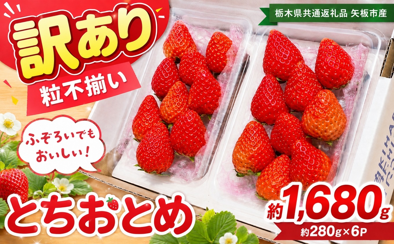 
                  訳あり 粒不揃い とちおとめ  1,680g (280g×6P) | 栃木県共通返礼品 矢板市産 いちご 果物 フルーツ 栃木県下野市
                