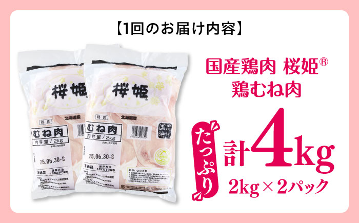 【隔月全3回定期便】桜姫 鶏むね肉 計4kg（2kg×2パック）《厚真町》【東日本フード株式会社】 桜姫 国産鶏肉 鶏肉 鶏 とり肉 ムネ むね肉 鶏むね肉 冷凍 北海道 [AXBM014]