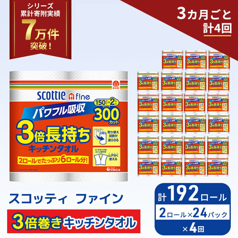 【ふるさと納税】 定期便 キッチンペーパー 192ロール (2R×24P,3ヶ月ごと計4回) スコッティ ファイン 3倍巻き 150カット キッチンタオル ペーパータオル 長持ち 高品質 上質 日用品 生活用品 必需品 吸水 防災 備蓄 日本製 家計の味方 送料無料 宮城県 岩沼市