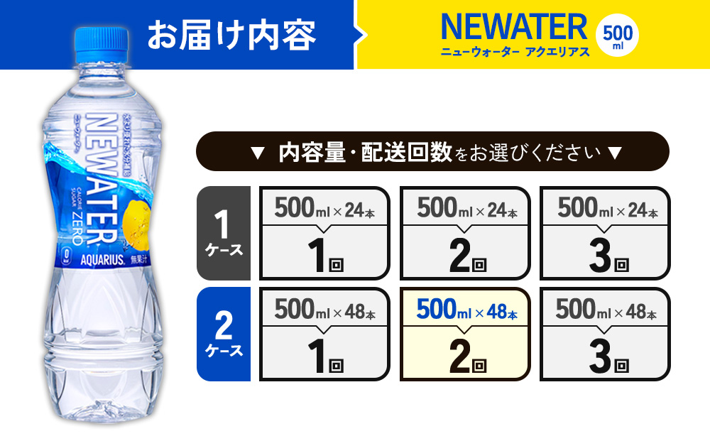 【2回定期便】アクエリアス ニューウォーター 500ml PET【コカ・コーラ】ペットボトル 2ケース(48本) 定期便 2回(96本) セット スポーツドリンク スポドリ カロリーゼロ 熱中症対策 
