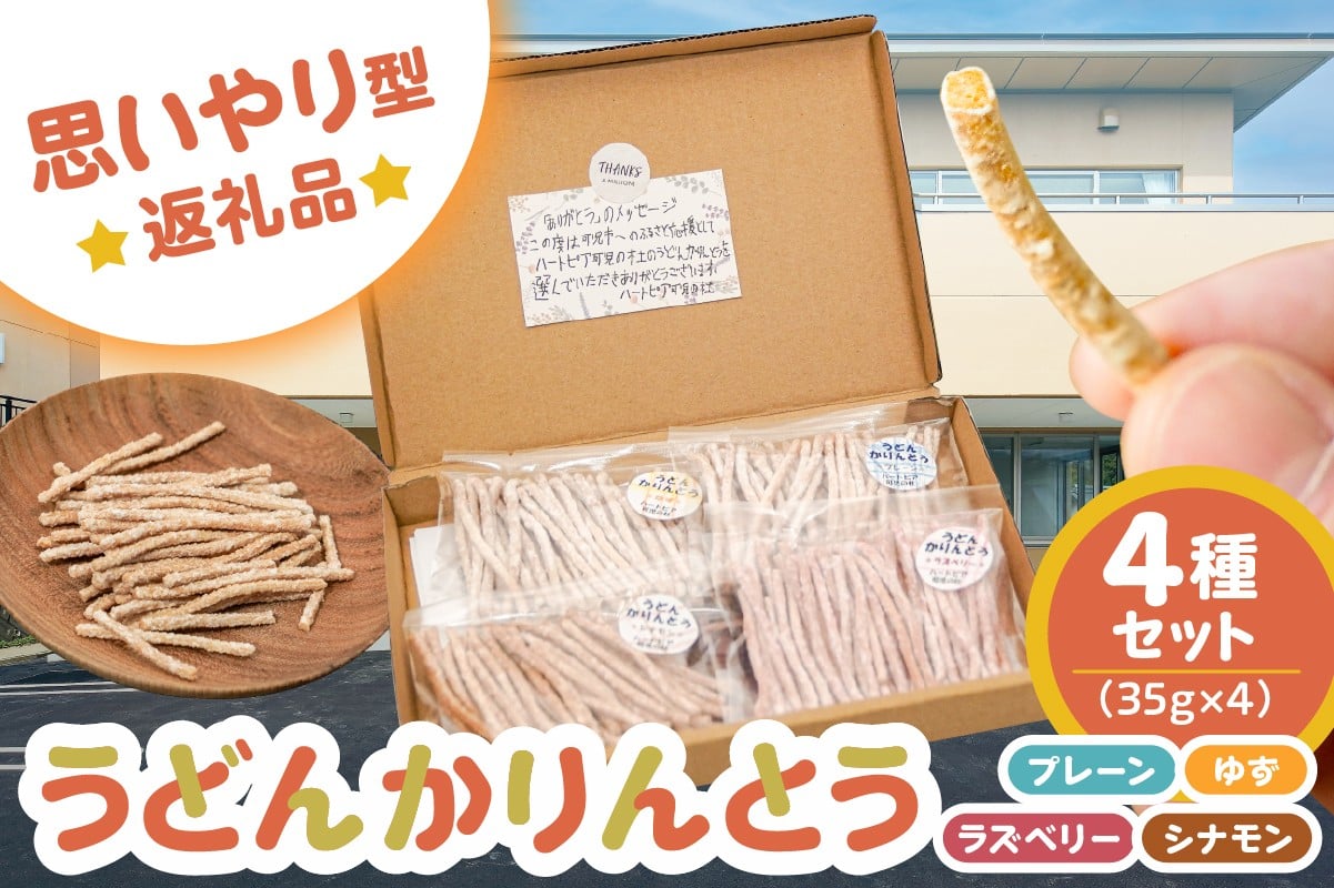 
            【思いやり型返礼品】障がい者福祉施設　ハートピア可児の杜の「うどんかりんとう」4種セット 【うどん かりんとう お菓子 おやつ 生うどん ゆず ラズベリー シナモン プレーン 】
          