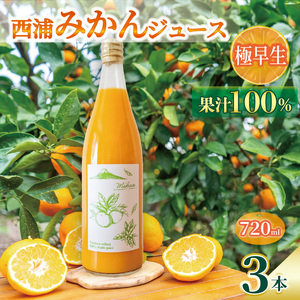 【先行予約_1月中旬発送】オレンジ ジュース ストレート 果汁 100％ 極早生 みかん 720ml×3本 西浦 蜜柑 贈答用 静岡 沼津