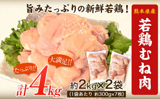 熊本県産 若鶏むね肉 約2kg×2袋(1袋あたり約300g×7枚前後) たっぷり大満足！計4kg！《30日以内に出荷予定(土日祝除く)》 熊本県 葦北郡 津奈木町 訳あり 定期 でない