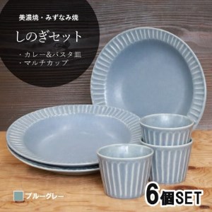 【美濃焼(みずなみ焼)】しのぎカレー皿＆カップ各3個 (ブルーグレー)　6個セット【1381183】