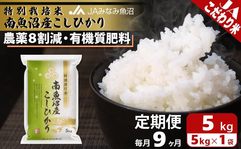 【JAみなみ魚沼定期便】特別栽培米南魚沼産こしひかり8割減（5kg×全9回） ≪精米 農薬8割削減 有機肥料 精米HACCP認定工場 特A獲得日本一産地 高品質精米 もっちり甘い 南魚沼産コシヒカリ 定期便 コシヒカリ こしひかり 銘柄米≫