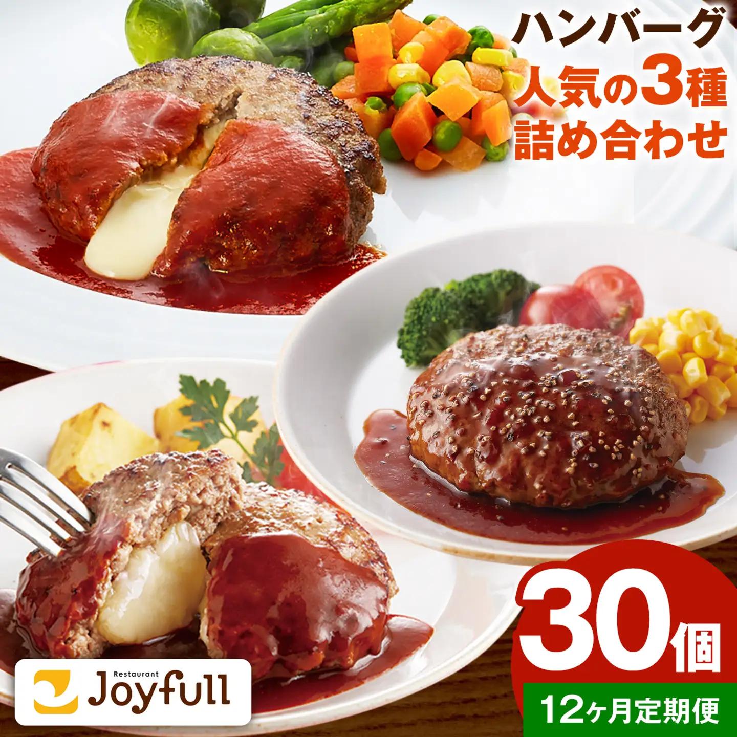【12ヶ月定期便】ジョイフルハンバーグ 人気の詰め合わせ 30個 ソース付き 食べ比べ 3種類 セット 