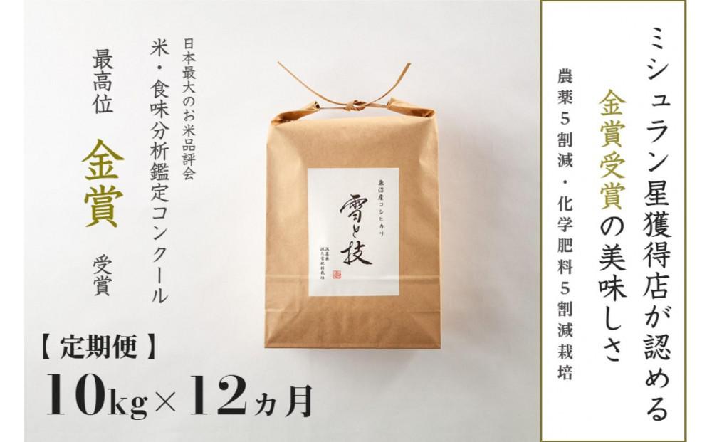 【2025年産新米】【12ヶ月定期便】魚沼産コシヒカリ 雪と技 10kg(5kg×2袋) 金賞受賞 農薬5割減・化学肥料5割減栽培 藤ノ木株式会社127540-030