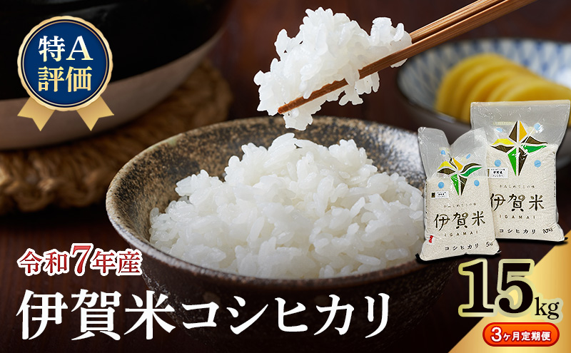 コシヒカリ 伊賀米 令和7年産 特A 定期便 3ヶ月 15kg 精米 伊賀ふるさと農業協同組合 白米 お米 米 ごはん もっちり 産地直送 農家直 三重県 名張市 新米 定期 お楽しみ 3回 銘柄米 令和 炊き立て 食感 無農薬 有機 こだわり おいしい 旨い 甘い