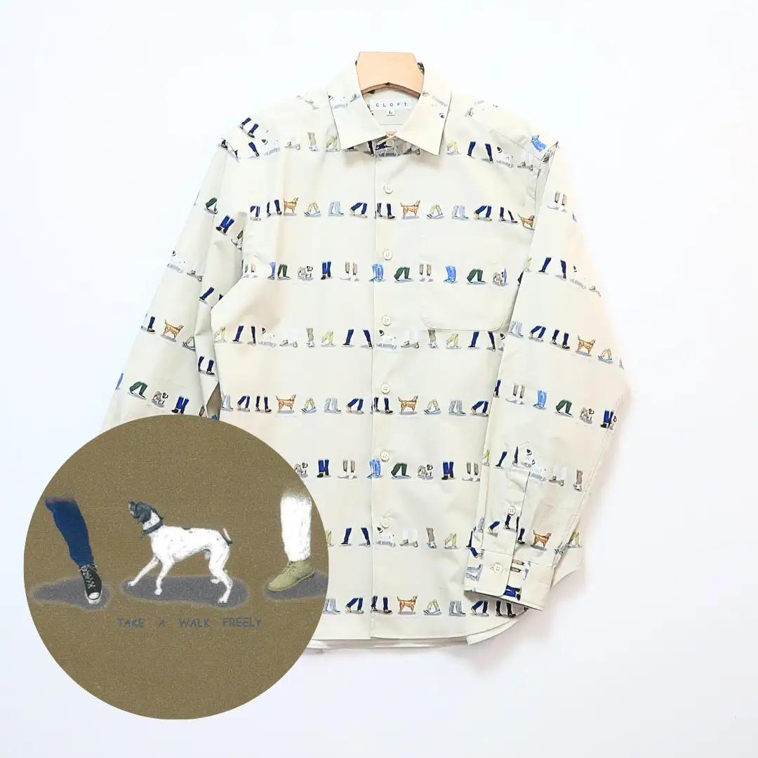CLOFT 綿100％長袖プリントシャツ”自由に歩こう”犬と散歩柄（C/＃31ライトベージュ） L 0139-021-S07-2