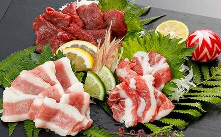 FKP9-666 【桜屋】馬刺し3種【赤身・フタエゴ・サガリ】450g （専用醤油付き 150ml×1本） 馬 サクラ肉 さくら肉 桜肉 馬肉 肉 食品