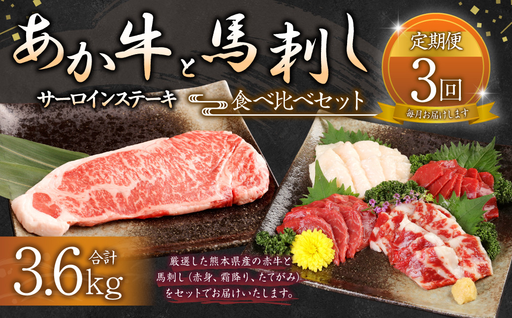 
【定期便 3ヶ月】あか牛サーロイン肉1kg 馬刺し200g セット 合計 約3.6kg

