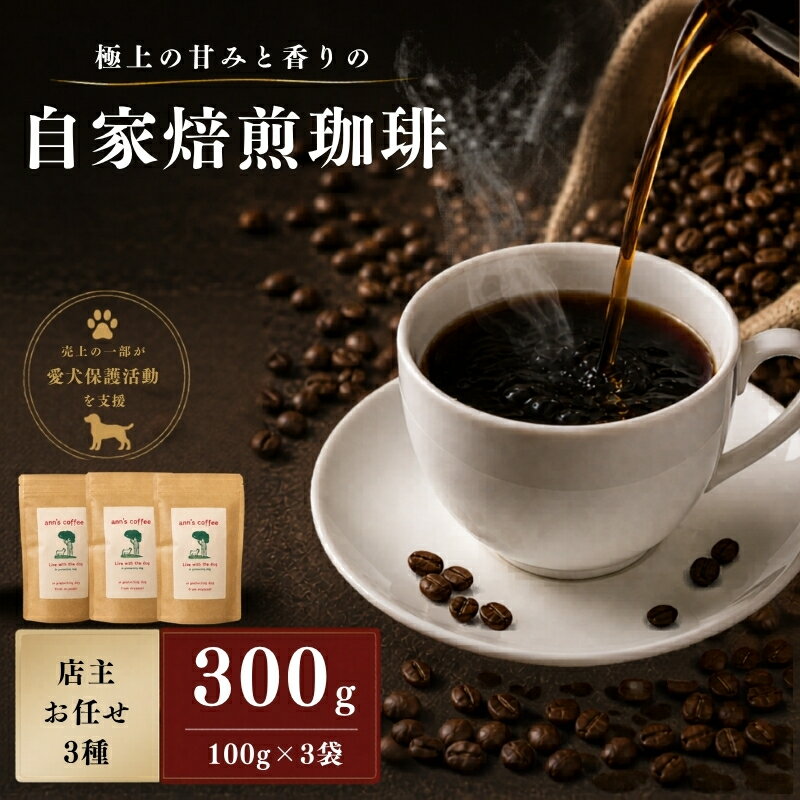 【ふるさと納税】 店主お任せ 自家焙煎 珈琲豆 300g 100g×3袋 ( コーヒー コーヒー豆 珈琲 豆 粉 深煎り 水出し アイスコーヒー ドリップ 小分け ブレンド 日用品 保護犬 アウトドア キャンプ ギフト 贈答 贈り物 プレゼント 人気 ランキング 京都府 京都 京丹波町 )