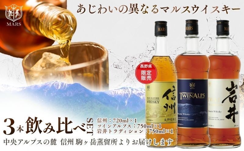 
                  ウイスキー 飲み比べ 3本 セット 本坊酒造 信州ウイスキー 長野 信州 限定 ご褒美 酒 洋酒 プレゼント 贈り物 長野県 駒ヶ根市 [№5659-1055]
                