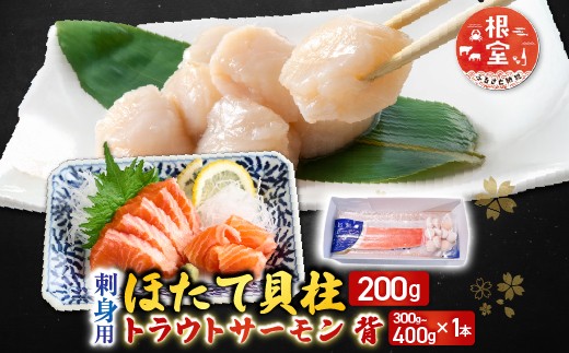 A-14221 刺身用ほたて貝柱200g・刺身用トラウトサーモン(背)300～400g×1本